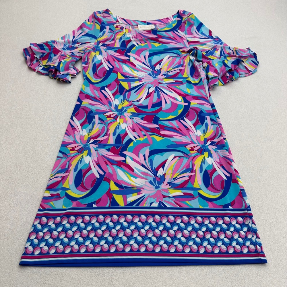 Cappagallo Cactus Rose Abstract Floral Ruffle Sleeve Shift Dress Women's Size M - Picture 2 of 10